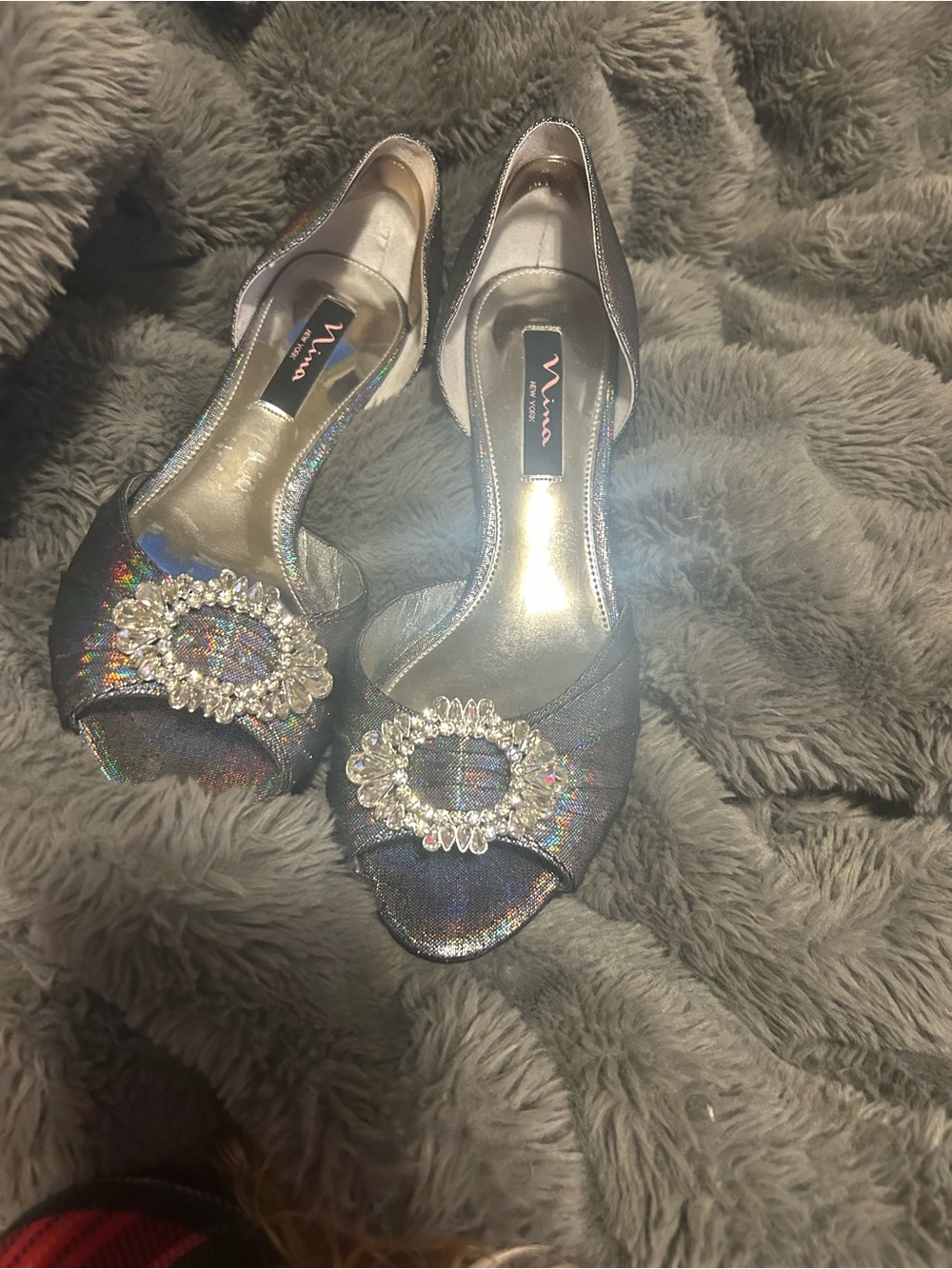 Nina Iridescent Peep-Toe D'Orsay Heels with Crystal Brooch